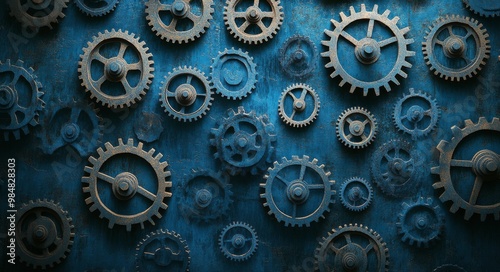 Intricate arrangement of metallic gears against a textured blue background in...