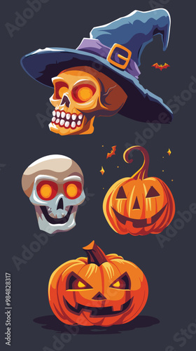 A collection of halloween icons including a witch hat a witch, a pumpkin and a Skull, Halloween elements, Happy Halloween