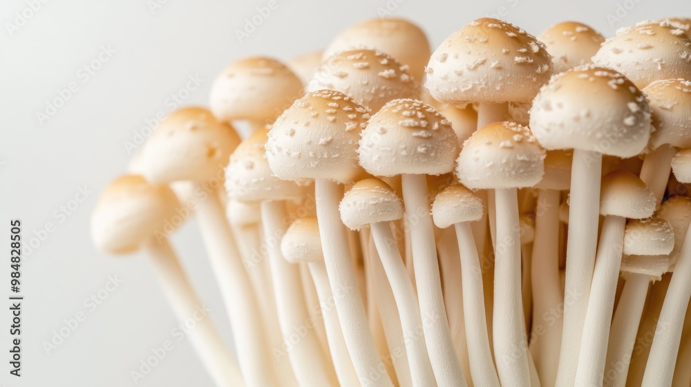 A close-up of fresh Shimeji mushrooms with their delicate, clustered caps and slender stems, set against a white background to highlight their texture and color A close-up of fresh Shimeji mushrooms with their delicate, clustered caps and slender stems, set against a white background to highlight their texture and color