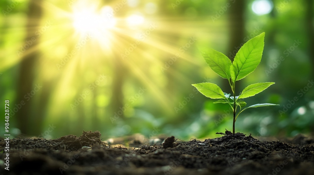 A Single Sapling Growing in the Sunlight in a Forest A Single Sapling Growing in the Sunlight in a Forest