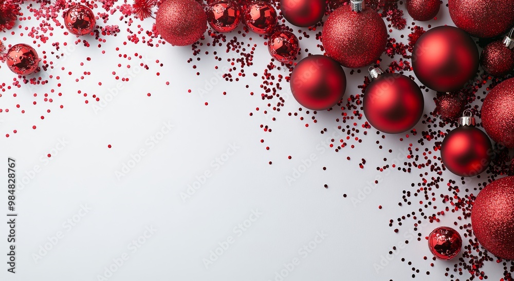 Festive red Christmas ornaments scattered with glitter on a white surface during winter holidays Festive red Christmas ornaments scattered with glitter on a white surface during winter holidays