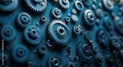 Intricate arrangement of metallic gears against a textured blue background in...