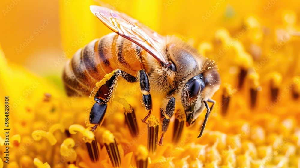 A bee pollinating a vibrant sunflower in a sunny garden during late spring A bee pollinating a vibrant sunflower in a sunny garden during late spring