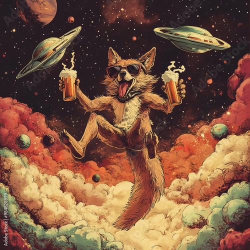 full body crazy wild coyote jumping and drinking beer, wearing sunglasses in the middle of a surreal universe, with ufos, floating through space with an intense expression. Vintage illustration style photo