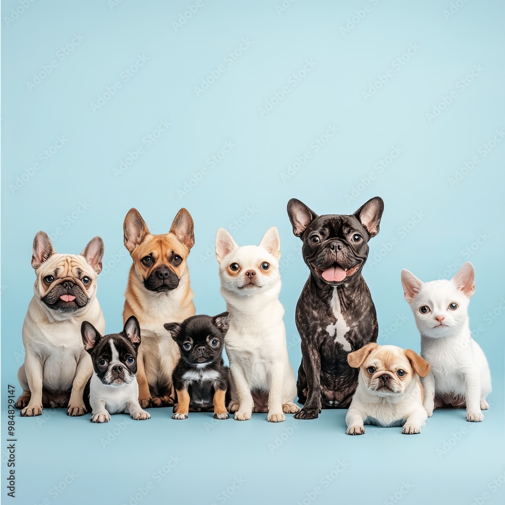 Full body portrait of various pets on a light blue background Full body portrait of various pets on a light blue background