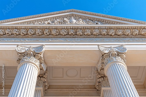 A close-up of the columns and pediment of a neoclassical building, showcasing its timeless design