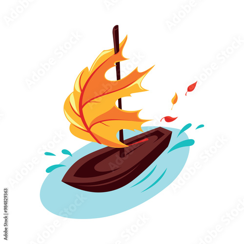 A children's homemade boat with a sail made from an autumn maple leaf floating on the water. Bright flat vector illustration on the theme of autumn and children's entertainment