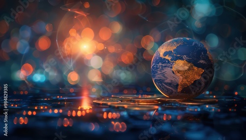 Stack of coins and a globe on a dark background, bokeh effect, global business concept, global market business