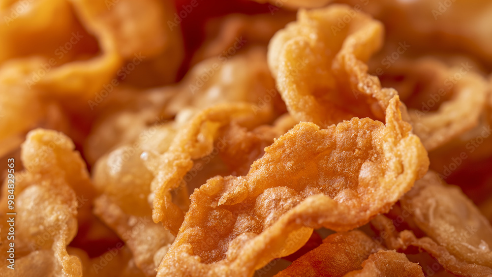 Close-up of crispy fried pork skin, perfect for snack food and culinary-related designs. Close-up of crispy fried pork skin, perfect for snack food and culinary-related designs.