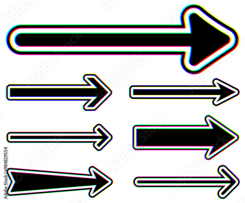 Set of glitch-style straight arrows with vibrant distortion effects. Vector illustration ideal for tech and directional designs.