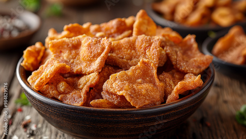 Crispy pork chicharrón in a rustic bowl, showcasing golden brown textures and perfect for traditional cuisine or food photography themes.