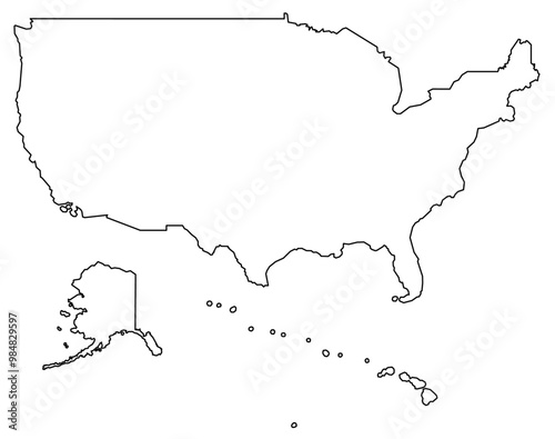 Vector illustration of a simple black outline map of the United States, including Alaska and Hawaii.