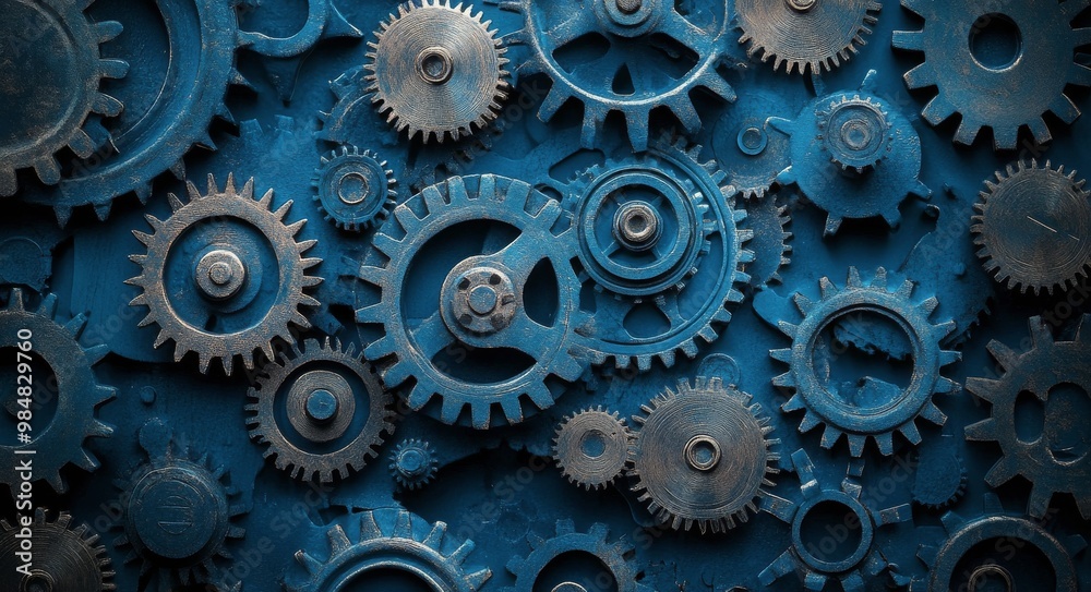 Intricate arrangement of metallic gears against a textured blue background in industrial design Intricate arrangement of metallic gears against a textured blue background in industrial design