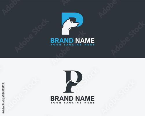 Letter P and wolf head combination logo design. Wolf and fox head with letter creative combination logo. photo