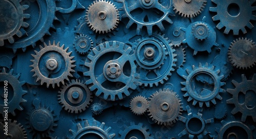 Intricate arrangement of metallic gears against a textured blue background in...