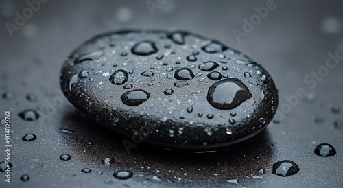 Smooth black stone with water droplets resting on a dark surface surrounded b...