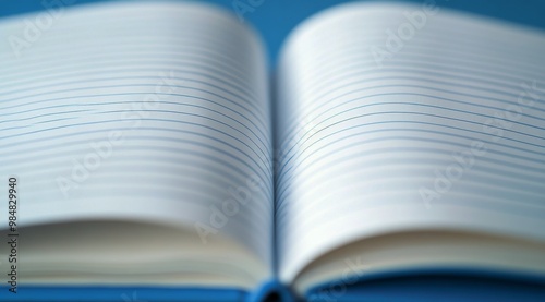 A blank notebook lies open on a blue surface, inviting creativity and ideas t...