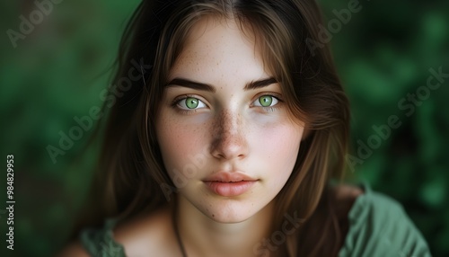 Stunning portrait of a young woman with captivating green eyes gazing directly at the camera