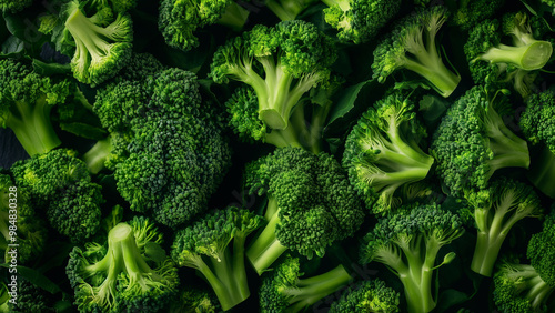 Close-up of fresh broccoli florets, showcasing vibrant green color and texture, perfect for healthy eating and culinary backgrounds. photo