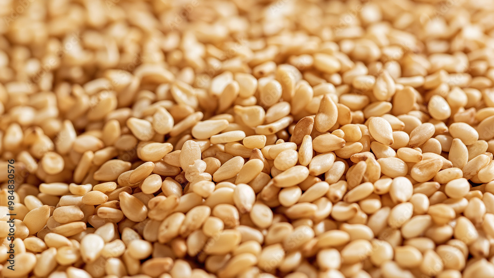 Close-up of raw sesame seeds, showing detailed texture and natural beige color, perfect for food backgrounds and culinary themes. Close-up of raw sesame seeds, showing detailed texture and natural beige color, perfect for food backgrounds and culinary themes.