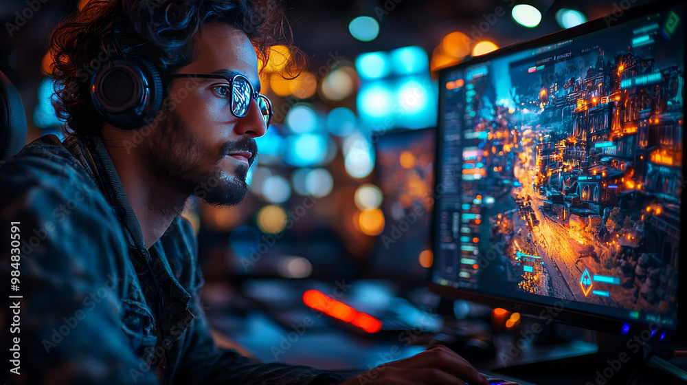 Fototapeta premium Focused gamer playing in a dimly lit room.