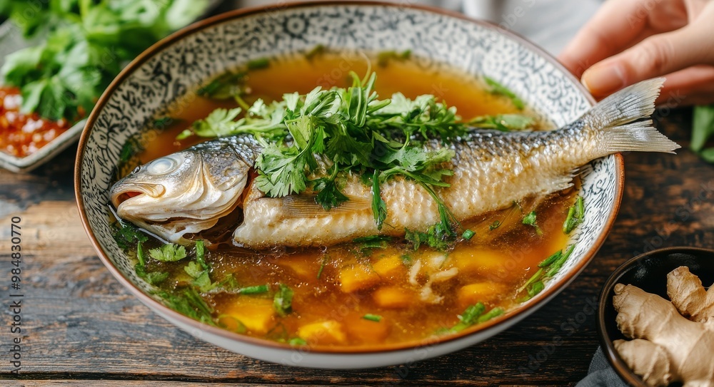 Delicious whole fish soup with herbs and vegetables served in a rustic bowl Delicious whole fish soup with herbs and vegetables served in a rustic bowl