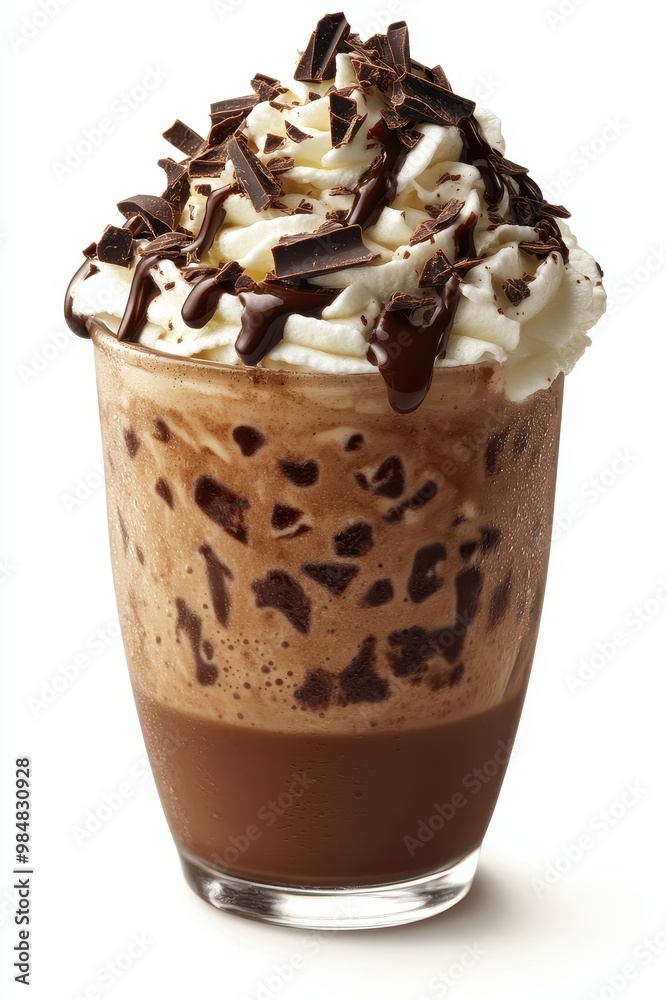 A delicious chocolate milkshake topped with whipped cream and chocolate shavings, perfect for dessert lovers, white background