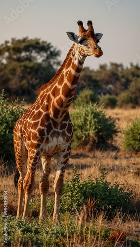 Giraffe next to a pile of plants in its habitat.