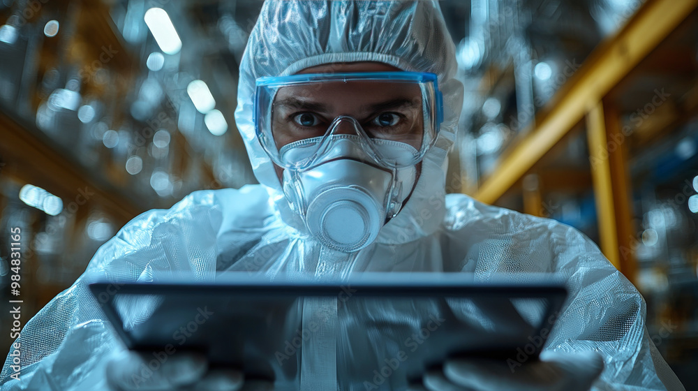 A man in a protective suit checks a tablet. A man in a protective suit checks a tablet.