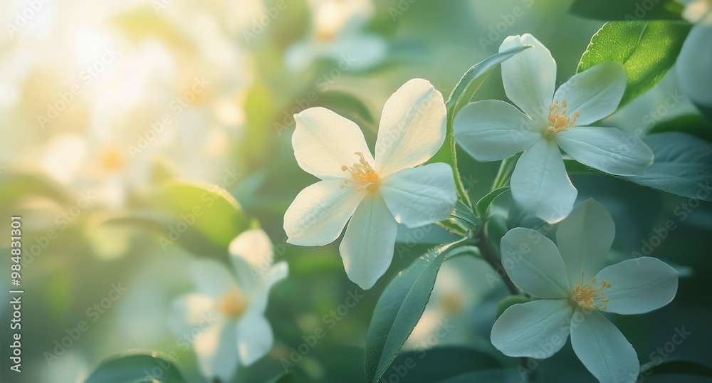 Delicate white flowers bloom on lush green branches during a sunny afternoon in springtime