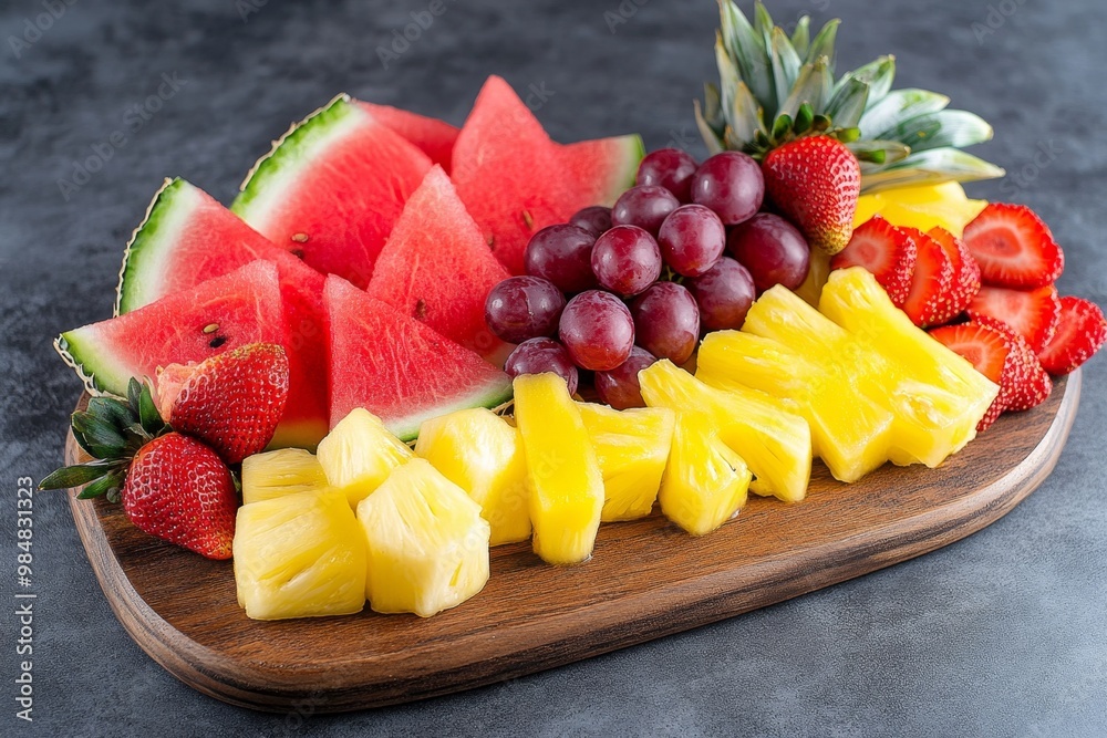 A fresh fruit platter, with vibrant slices of watermelon, pineapple, strawberries, and grapes arranged on a wooden board A fresh fruit platter, with vibrant slices of watermelon, pineapple, strawberries, and grapes arranged on a wooden board