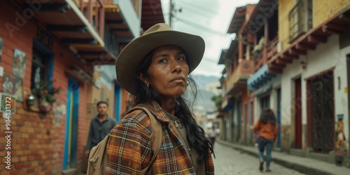 A woman in a hat is walking down the street