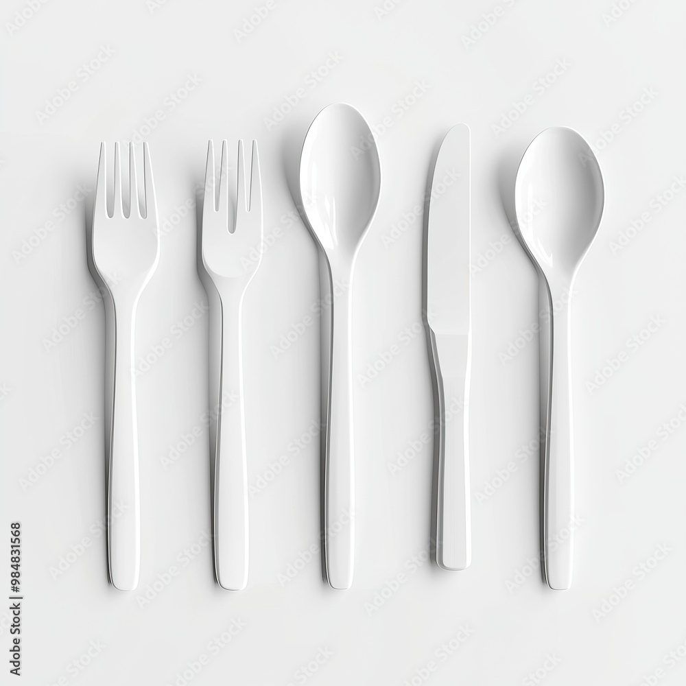 White cutlery set including fork, knife, spoon on a white isolated background.