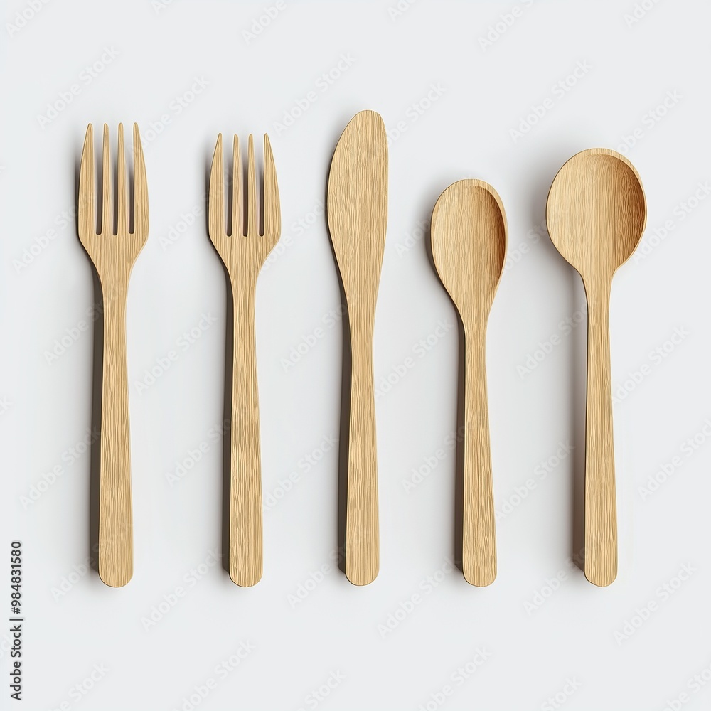 Set of wooden utensils including fork, knife, and spoon, isolated on a white background. Set of wooden utensils including fork, knife, and spoon, isolated on a white background.