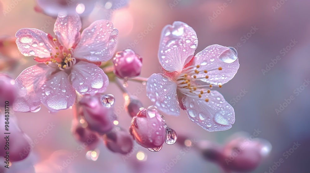 A close-up shot of cherry blossoms with droplets of morning dew on the petals, capturing the delicate beauty of the flowers in soft, natural light A close-up shot of cherry blossoms with droplets of morning dew on the petals, capturing the delicate beauty of the flowers in soft, natural light
