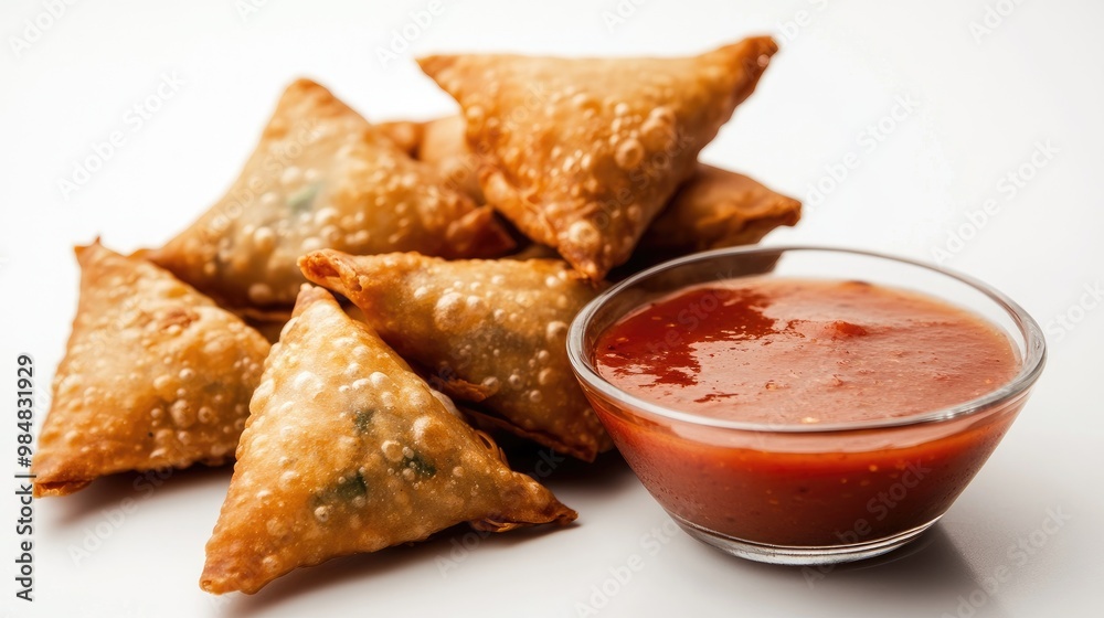A close-up view of a stack of samosas with a crispy texture, accompanied by a bowl of tangy dipping sauce, placed on a white background to highlight their deliciousness. A close-up view of a stack of samosas with a crispy texture, accompanied by a bowl of tangy dipping sauce, placed on a white background to highlight their deliciousness.
