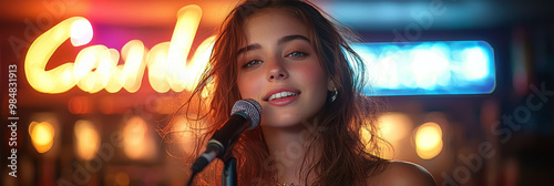 Young woman sings into a microphone in a dimly lit bar with neon signs.