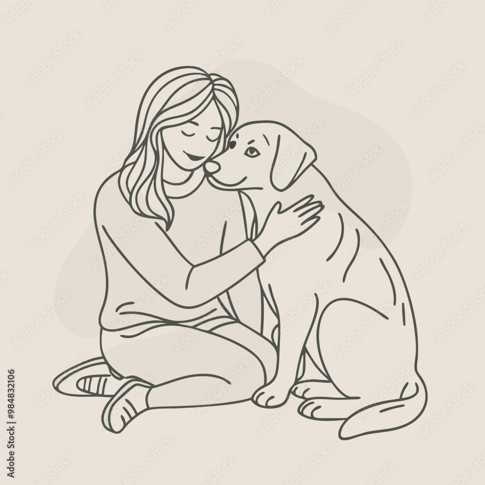 Obraz premium human and animal in line art style vector, isolated white background, 