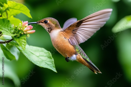 A hummingbird hovering near a flower, its wings beating rapidly as it sips nectar