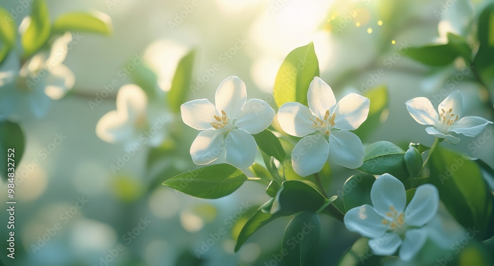 Delicate white flowers bloom on branches in a sunlit garden during early spring Delicate white flowers bloom on branches in a sunlit garden during early spring