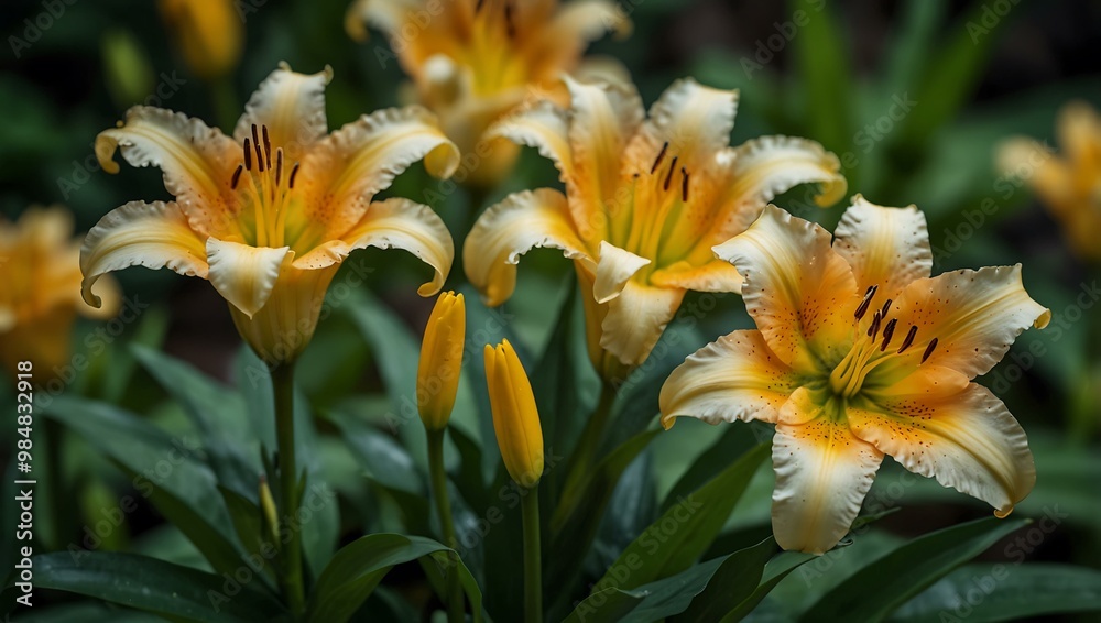 Golden lily flowers with yellow petals against green leaves. Golden lily flowers with yellow petals against green leaves.