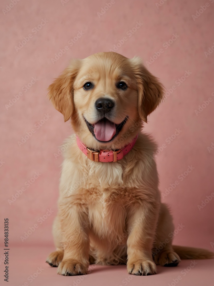 Golden retriever puppy with a pink collar on a pink background. Golden retriever puppy with a pink collar on a pink background.