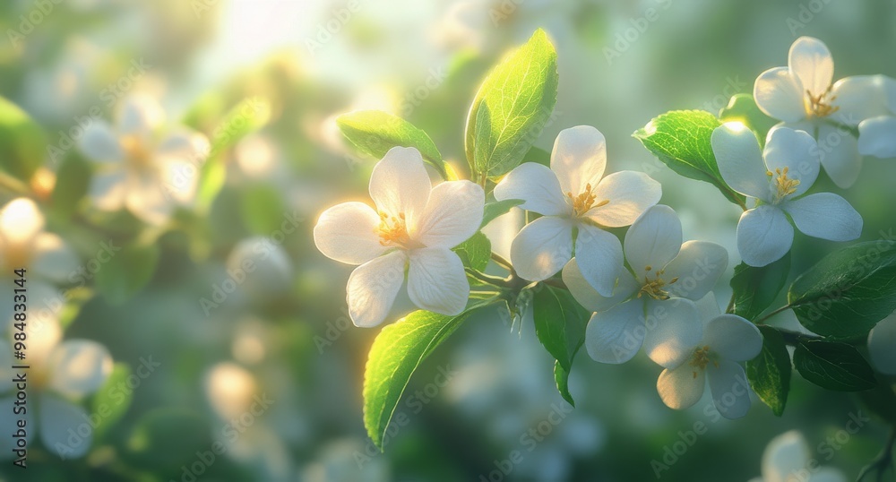 Delicate white flowers bloom on branches in a sunlit garden during early spring