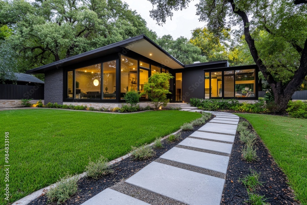 A mid-century modern house, with clean lines, large windows, and a focus on indoor-outdoor living A mid-century modern house, with clean lines, large windows, and a focus on indoor-outdoor living