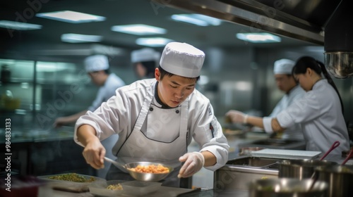 Chef Preparing a Dish in a Busy Kitchen