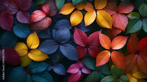 Colorful autumn leaves arranged beautifully on a dark background for seasonal...