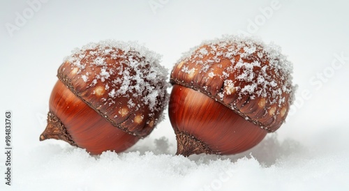 Frosty acorns resting on a snowy surface during a winter afternoon