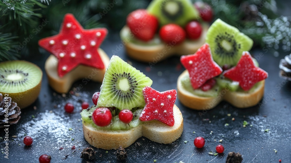 Fototapeta premium Christmas-themed fruit sandwiches with red and green fruits like strawberries and kiwis, shaped into festive trees and stars.