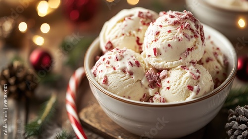 Christmas-themed ice cream with flavors like eggnog and peppermint bark, served in festive bowls with holiday decor.