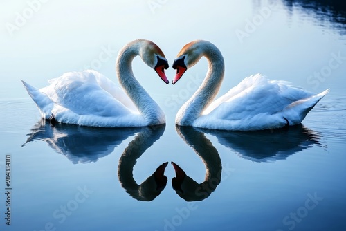 A pair of swans forming a heart shape with their necks, symbolizing love and grace as they float on a serene lake photo